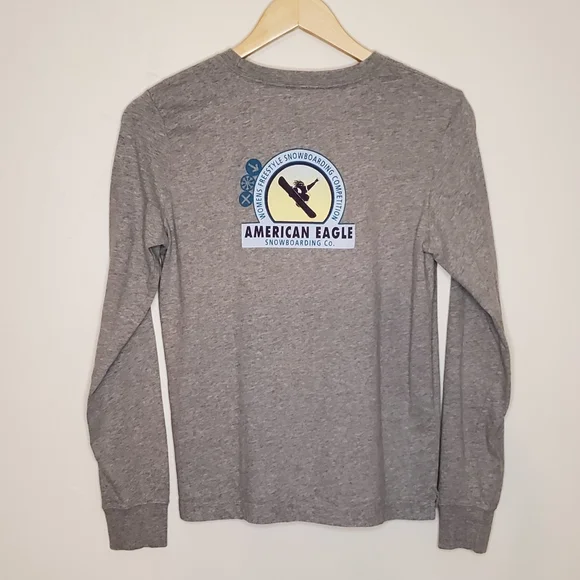 Snowboard Style Gray Long Sleeve T-Shirt with American Eagle Logo and Graphics - Picture 2 of 7